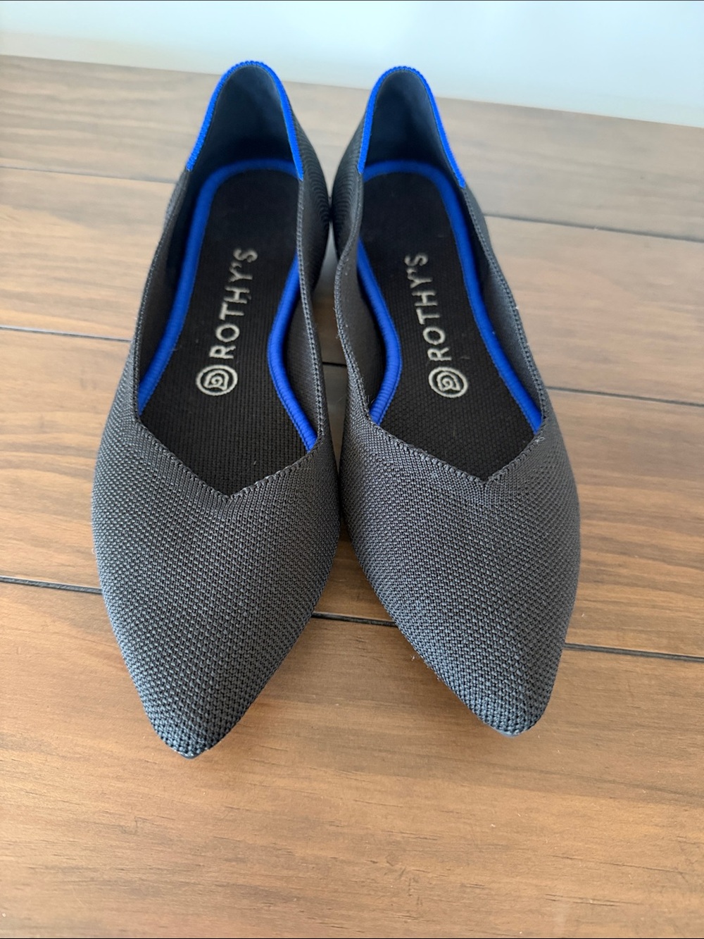 Rothy's Pointed Knit Flats — Black with Blue Trim